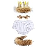 1. Geburtstag Jungen Cake Smash Outfit Baby Wild One Safari Löwe Shorts Bloomers+Fliege+Verstellbare Y Hosenträger+Plüsch Krone+Schwanz 5tlg Bekleidungsset Fotoshooting Weiß（4tlg） 3-24 M