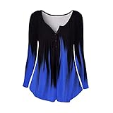 Hengzi Damen Casual Print V Ausschnitt Plissee Stitching Farbverlauf Langarmshirts Rüschen Lose Knopfleiste Tunika Tops Bluse, blau, S