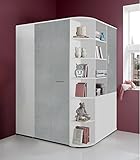 lifestyle4living Eckkleiderschrank, begehbar,Beton-Grau, Alpin-Weiß | Eckschrank mit Falttür, Drehtür, Kleiderstange, Kleiderhaken, Einlegebö