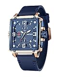 MEGIR Herren Sport Chronograph Uhr Herren Blaues Lederarmband Rechteckiges Zifferblatt Klassische Retro wasserdichte U