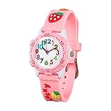 Vinmori Kinder Armbanduhr Jungen und Mädchen, wasserdichte Quarzuhr mit süßer 3D Cartoon Kinderuhr（Erdbeer Rosa）