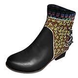 RTPR Damen Vintage Volksbrauch Langschaft Schlupfstiefel mit Cowboy Stiefel, Blockabsatz Bequeme Motorradstiefel Halbhoch Stiefel Modische Winterstiefel Western Combat b