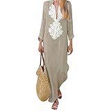 Dasongff Damen Kleider Maxikleid Langarm Sommerkleid V-Ausschnitt Kaftan Tshirt Kleid Lang Boho Freizeitkleid Sommer Übergröße Casual Lose Strandkleid Partykleider Abendk