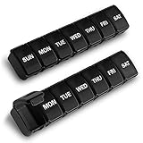 Tablettenbox 7 Tage Pillendose 7 Fächer Medikamentendosierer Handlicher und Feuchtigkeitsbeständiger Pillendosen Medikamenten-Box für Vitamine, Medikamente (Schwarz)-2 Stück