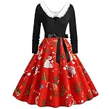 TTLOVE Damen Kleid Weihnachten Motiv Elegant Langarm Cocktaikleider Vintage 50er Christmas V-Ausschnitt Unregelmäßig