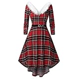 Damen Weihnachtskleid 50er Jahre Vintage Langarm A-Linie Rockabilly Abendkleider Mit Faux-Plüsch V-Kragen Cocktailkleider Elegant Frauen Kleider Miss Santa Weihnachtsfrau Schulterfreies Party