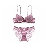 ZJDM Spitzenstickerei Blumen dünner Dicker doppelter Schultergurt tiefes V Damen-Push-Up-Unterwäsche-Sets (Color : Purple, Size : 75C or 34C) (Lila 85A or 38A)