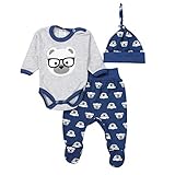 TupTam Baby Kleidung Set Body Strampelhose Mütze Bekleidungsset Jungen Mädchen, Farbe: Bärchen mit Brille Grau/Dunkelblau, Größe: 62