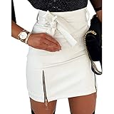 Women's High Waist PU Leather Skirt A-line Solid Short Mini Skater Skirt (White, Small)