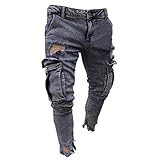 Fannyfuny Mode Herren Destroyed Jeans-Hose mit Taschen Reißverschluss Herren Slim Fit Jeans Denim Used Look Mit Destroyed-Optik Teen Jungen Party Kleidung Hellblau S-XXXXL