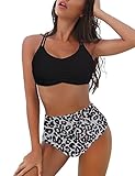 HESUUIO Damen Bikini Set High Waist Bauchweg Bademode Blumenmuster Push Up Zweiteiliger Badeanzug Sport Strandkleidung Bikinioberteil S