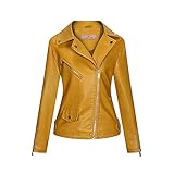 TSPRING Women Ladies Lapel Motor Jacket Coat Zip Biker Short Punk Cropped Cot Outerwear Frauen Lang Braun Wasserdicht Gefuittert Windbreaker Jacke Damen Lederjacke Damen Schwarz(Gelb,XXXL)