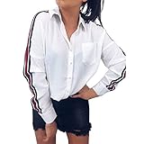 Shirt Langarmshirt Damen Bluse Xjp Frauen Mode Umlegekragen Einfarbig Gestreift Langarmshirt Mit Tasche Sexy Elegant Beiläufige Lang Oberteile Sweatshirt Hemd(XL, Weiß)