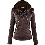 Newbestyle Kunstlederjacke für Frauen mit Kapuze Moto Bikerjacke Full Zip Plissee Overcoat Casual Coat Warm Tops, dunkelbraun, 38