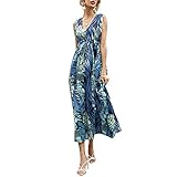 LSFYSZD Frauen Sommer Bohemian Maxikleid Erwachsene Gedruckt V-Ausschnitt Ärmellos Tie Up Einteiler Kleid, grün, XX-Larg