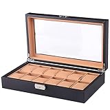 Uhrenbox Gehäuse, Uhren Organizer Box für Herren Damen 12 Fächer, PU Leder Uhrendisplay Aufbewahrung mit Glasdeckel, Upgrade Lock Catch, Black Carbon Fib