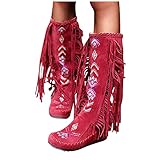 Dasongff Cowboystiefel Damen Fransen Hohe Stiefel Damen ohne Absatz Lange Stiefel Damen Sexy Flach Winterstiefel Wasserdicht Klassisch Stiefel Reiten Schöne Bikerstiefel Retro W