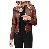 Damen Kunstlederjacke Kurz Cardigan Motorrad Fliegerjacke Langarm Vorne Offen Mode Anzug Jacke Mäntel Top, Orange, 48