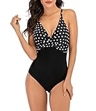 LA ORCHID Laorchid Damen Vintage Badeanzug Einteilig Push Up Hochtaile Bademoden Tankini V-Neck Rückenfrei Gepunktet , Schwarz Gepunktet, XL