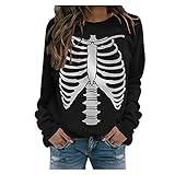 NBAA Frauen Halloween Bedruckter Shirt Langarm Sweatshirt Lose Pullover Top Gemütlich Beiläufig Festival Bluse Tee Damen Halloween Totenkopf Gedruckt Rundhals Langen ärmeln Sw