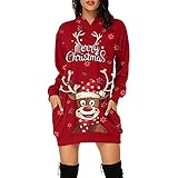 UNIQTA Damen Weihnachten Langarm Pullover Kleid Kapuzenkleider Stilvolles V-Ausschnitt Partykleid Niedlicher Elch Weihnachtsmann Frohe Weihnachten Print Noble Xmas Abend Party