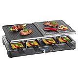 Clatronic RG 3518 Raclette-Grill mit heißem Stein zum Grillen und Überbacken, Wendegussplatte, Tischgrill elektrisch mit Steinplatte, Set inkl. 8 Pfännchen und 8 Holzspatel, antihaftb