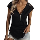 Damen Lässige Spitze Kurzarm V-Ausschnitt Reißverschluss Aushöhlen T-Shirt Bluse Tops Oberteile Elegante Spitze Netzbluse Lässige Kurzarm Slim Fit Halbreißverschluss Panel Spitze Kurzarm T-S