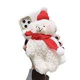 Jorisa Weihnachten Plüsch Bär Hülle für Samsung Galaxy A52 5G,Niedlich Pelzig 3D Karikatur Tier Winter Warm Handyhülle Süße Weich Flauschige Haar Puppe Hülle für Kinder Mädchen Frauen,Weiß