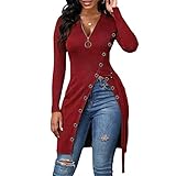 Herbst Und Winter Casual Fashion Damen V-Ausschnitt Einfarbig Langarm-Bodenhemd Schlanke HöHe Split Gewinde ReißVerschluss T-Shirt Mittellanges Top D