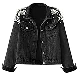 CYSTYLE Damen Jeansjacke mit Perlen Kurz Denim Jacke Top