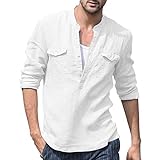 BOLANQ Shirt Herren, Herren Baggy Baumwolle Leinen Tasche Solide Langarm Retro T Shirts Tops Bluse（Medium，Weiß）