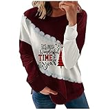 Weihnachten Pullover Damen Farbblock Sweatshirt Buchstaben Druck Langarmshirt Weihnachtsbaum Muster Oberteile Rundhals Shirt Teenager Mädchen Weihnachtspulli Basic Hemd Top