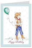 'Happy Birthday' Süße Kindergeburtstagskarte für einen Jungen mit Cowboy zum 9. Geburtstag mit Geschenk, Konfetti, Luftballon mit Zahl 9 Glückwunschkarte in grau/blau (Mit Umschlag) (1)