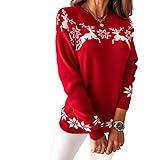 BDCUYAHSKL Herbst Und Winter Mode Damen Rundhals Elch Partial Jacquard Strick Langarm Pullover LäSsig Lose Pullover Pullover Top D