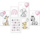 artpin® Poster Set DIN A3 Bilder Kinderzimmer Deko Mädchen Junge - Babyzimmer Bilderwand 4X A3 & 2X A4 - Regenbogen ABC Safari Tiere Rosa P71