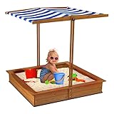 Sandkasten mit Abdeckung Dach 120 x 120 x 117 cm Sandkiste Kindersandkasten mit Ausfahrbarem Dach, UV Sonnenschutz und Regenschutz, Sandkiste aus Holz für Garten, Terrasse, Strand, O