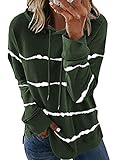 SMENG Sweatshirt Damen Hoodie Damen Oversize Longsleeve Sport Hoody Lockere Kuschel Baumwoll Pullover Loungewear Gestreiftes Bequemer Pullunder Grün XL
