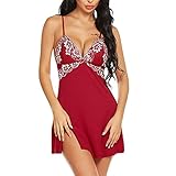 Damen Negligee V-Ausschnitt Babydoll Lingerie Spitze Nachtkleid Negligee mit G-String Pyjama Schlafanzug Ärmellos Babydoll Dessous Kleid Reizwäsche Unterw