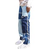 Mugoebu Gerade Geschnittene Herrenjeans Aus Farbigen Patch-Patches, Lockere Jeans-Hosen Mit Geradem Bein Und Ausgefranste Patch-Work-Hose (Blau, M)