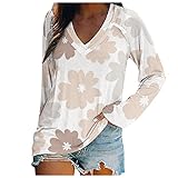 Komiseup Langarmshirt Damen V-Ausschnitt Laub Drucken Langarm Oberteile Casual Sweatshirt Frauen Lose Grafikdruck Pullover Top T-S