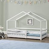 Kinderbett mit Rausfallschutz 90x200 cm Bettenhaus Hausbett Kiefernholz Weiß