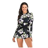 LOPILY Blumendruck Badeanzug Damen mit Bein Einteiler Schwimmanzug Sportlich Bikini Boho Langarm Rashguard Sportlich Bademode Mädchen Strandmode UV Anzug Badeshirt Kinder (Schwarz, M)