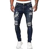 TQIU Herren Jeans Hosen Mode Slim Fit Zerrissen Skinny Denim Hosen Freizeithose Große Größe Lässige Freizeitjeans Jogginghose Straß
