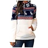 Herbst Winter Frauen Weihnachten Schneeflocke Elk Druck Plush Oberteile Elegant Langarm Zip Stehkragen Taschen Fleece Bluse Damen Freizeit Künstliche Wolle Tops Farbkontrast Loose T-S