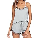 APOKIOG Damen Kurz Schlafanzug Spitze Pyjama Armlos Shorty V-Ausschnitt Zweiteiliger Hausanzug Oberteil und Hose Damen Schlafanzug Satin Nachthemd Kurz Nachtwäsche Negligee Set Sleepwear D