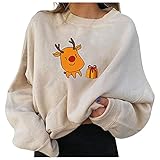 STOREYH Süß Cartoon Weihnachten Druck Pullover Fleece Tops Damen Elegant Langarm Rundhals Wickel Einfarbig Oberteile Winter Freizeit Loose Tee Frauen T-Shirt Warme Bluse Vlies Sw