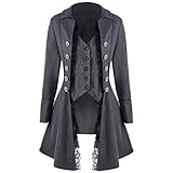 BBVP Damen Steampunk Frack Mantel Gothic Gehrock Mittelalter Jacke Smoking Viktorianisch Renaissance Mantel Pirat Viking Kostüm Gothic Mäntel Stehkragen Herbst Vintage Party Festlich Jack