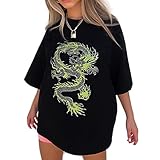 Kaxofang Chinesische Art Dragon Printed Oversized T-Shirt Frauen Harajuku Casual Loose T-Shirt Kurzarm T-Shirt Schwarz L G