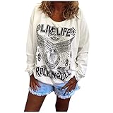 LIVE Life Rock RULL Letter Druck Langarm T Shirts College Teens Sportwear Eule Print Loose Sweatshirt Damen V-Ausschnitt Einfarbig Basic Pullover Oberteil Trend Streetwear Top