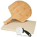 Einfeben Pizzastein inkl. Bambus Pizzaschaufel und Pizzaschneider, Pizzastein Rechteckig aus Cordierit, Backstein 30 x 38 x 1,5 cm für Brot Flammk
